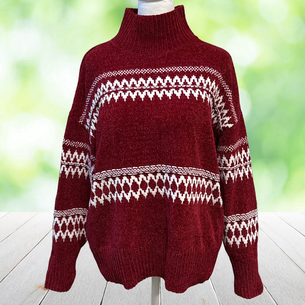 CHRISTIAN SIRIANO Chenille Sweater Fair Isle Mock Neck Nordic Red White Size L